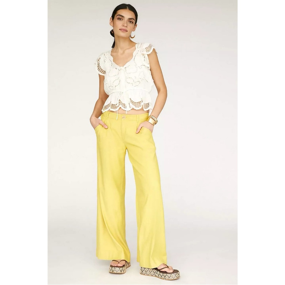 Anthropologie | Linen Blend Mid Rise Wide Leg Pants | Yellow | 0 🕥